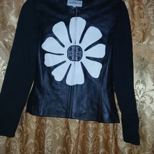 Saron Young Black and White Floral Women's Jacket Leather